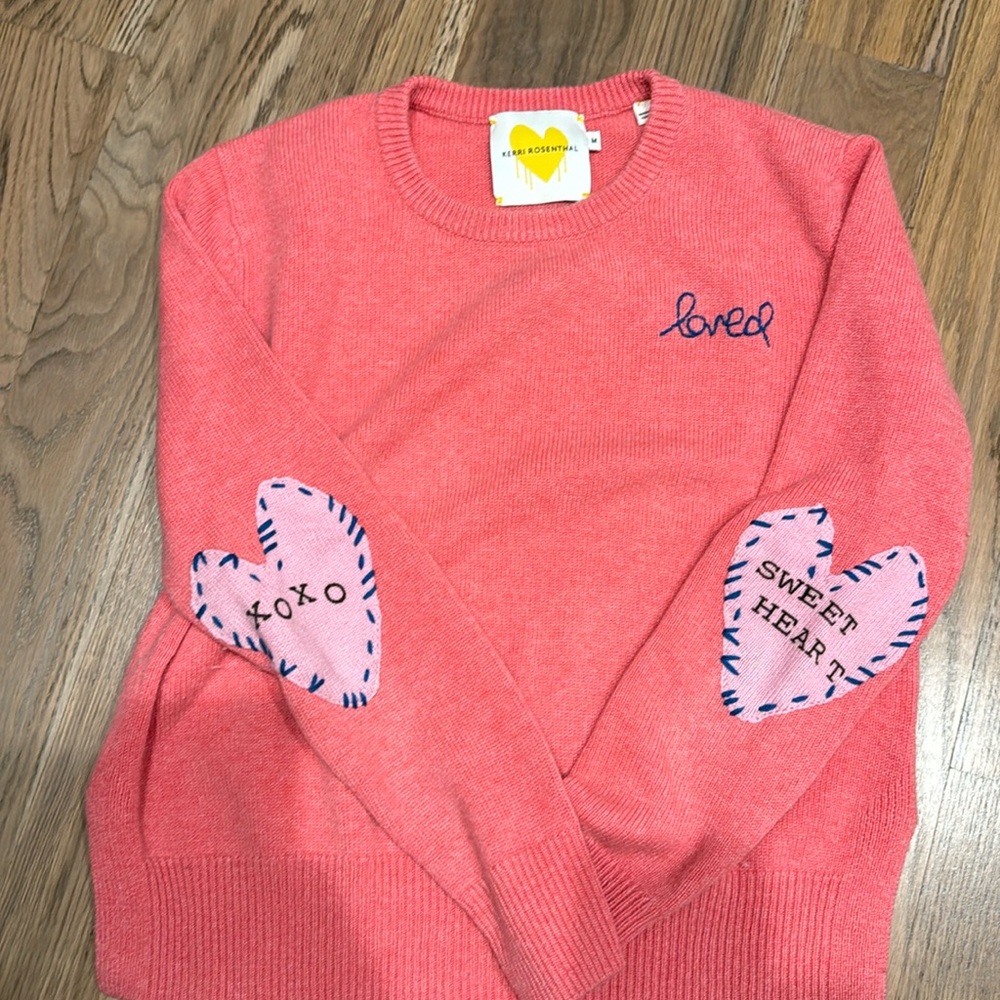 Kerri Rosenthal pink cashmere “Loved” sweater, size M